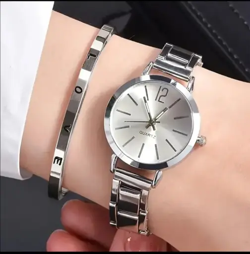 Combo 2pz Reloj Pulsera Mujer Plata